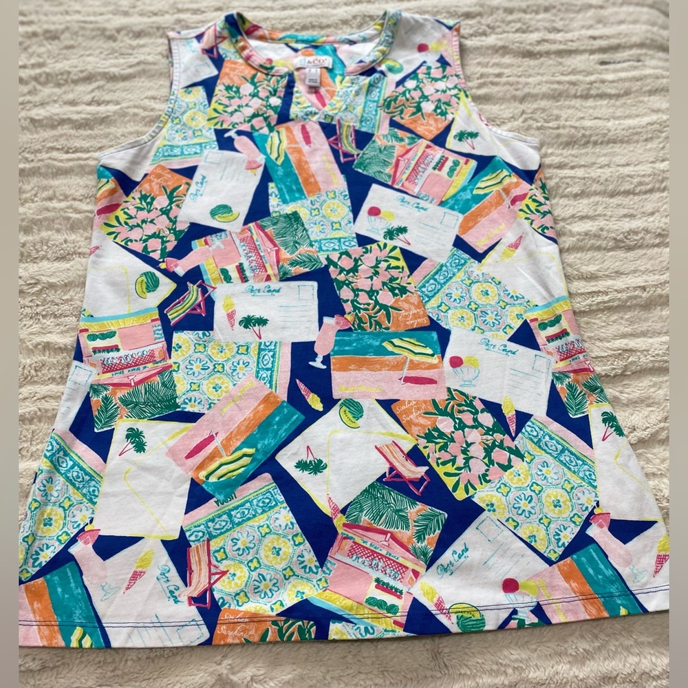 Blue and Green Geometric Tank Top with Rounded Neckline